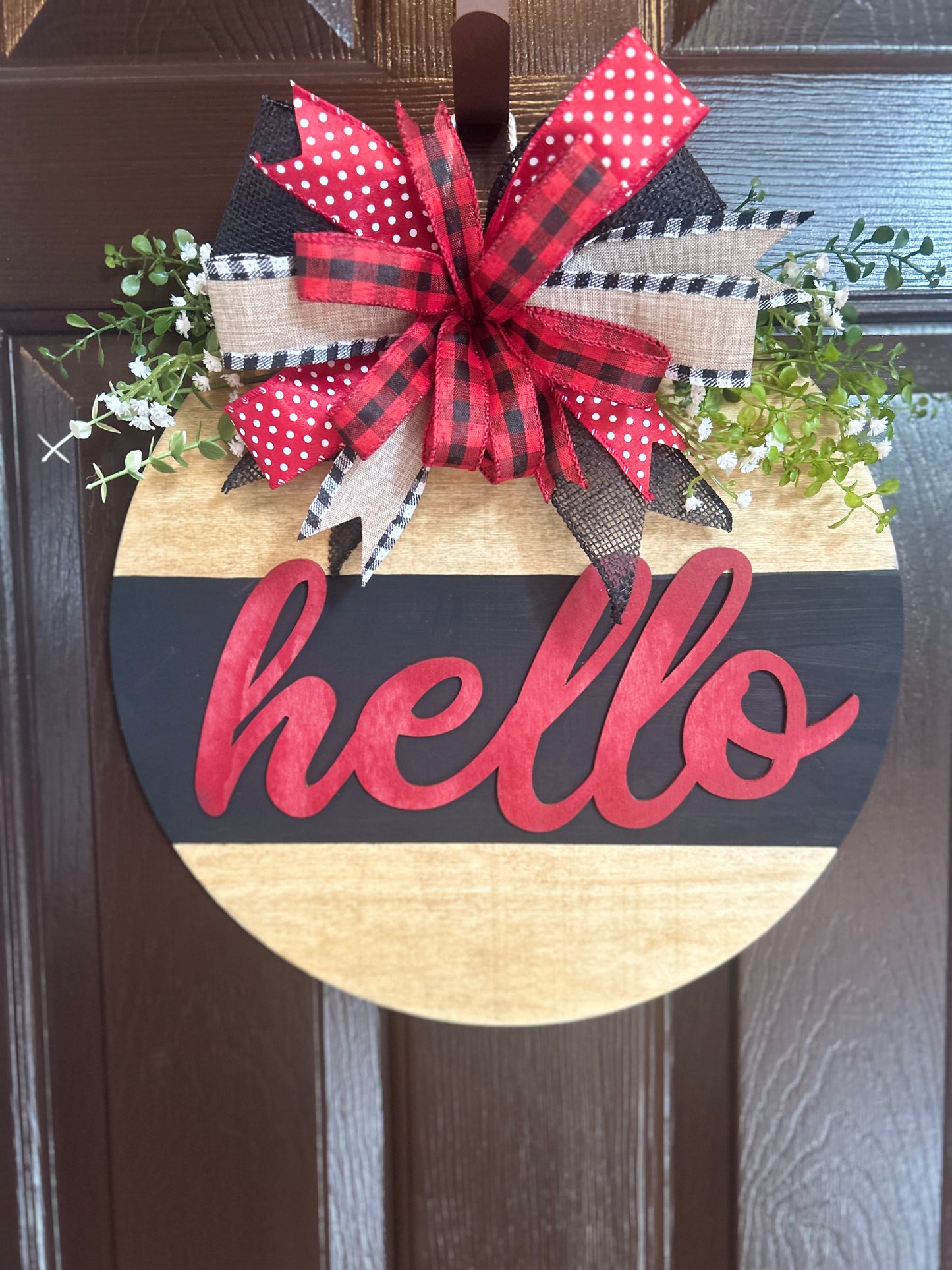 "Hello" Red and Black Door Hanger