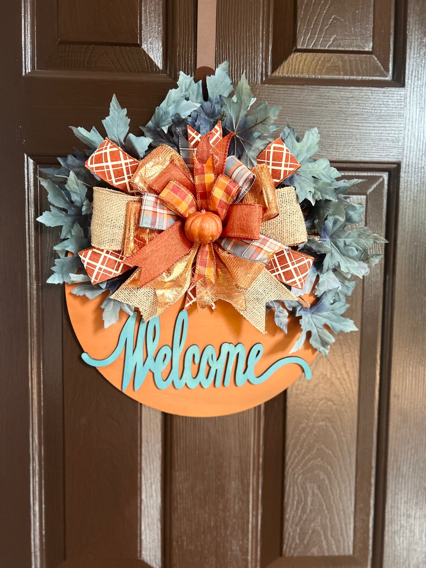 "Welcome" Rust and Blue Autumn Leaves Door Hanger