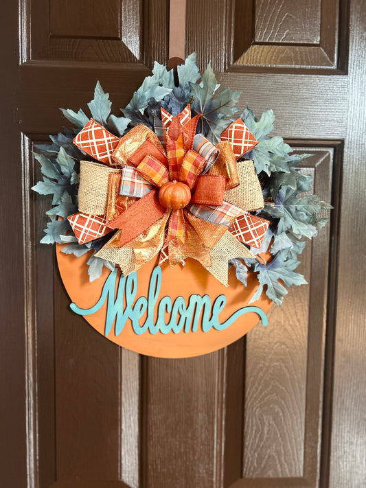"Welcome" Rust and Blue Autumn Leaves Door Hanger
