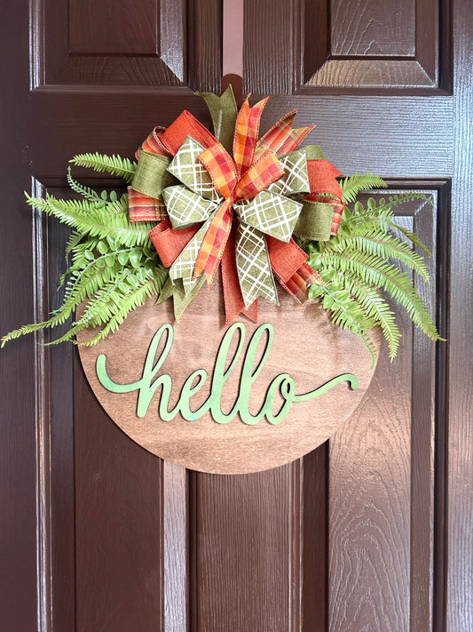 "Hello" Green Plaid Door Hanger