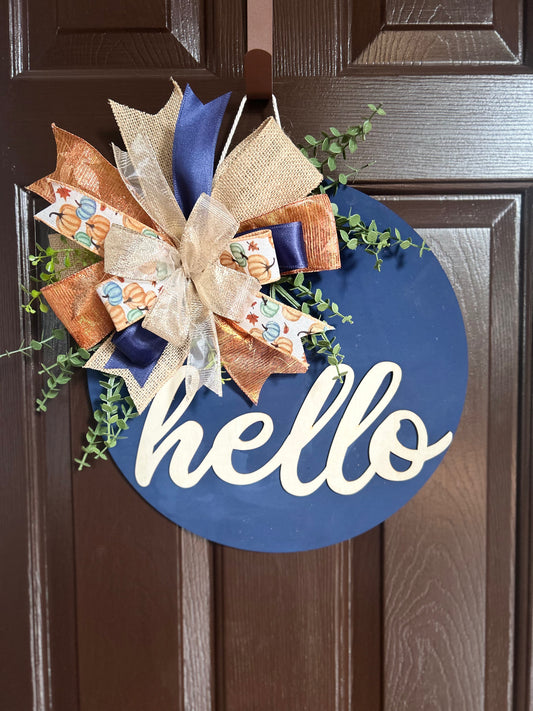 "Hello" Navy Side Ribbon Door Hanger