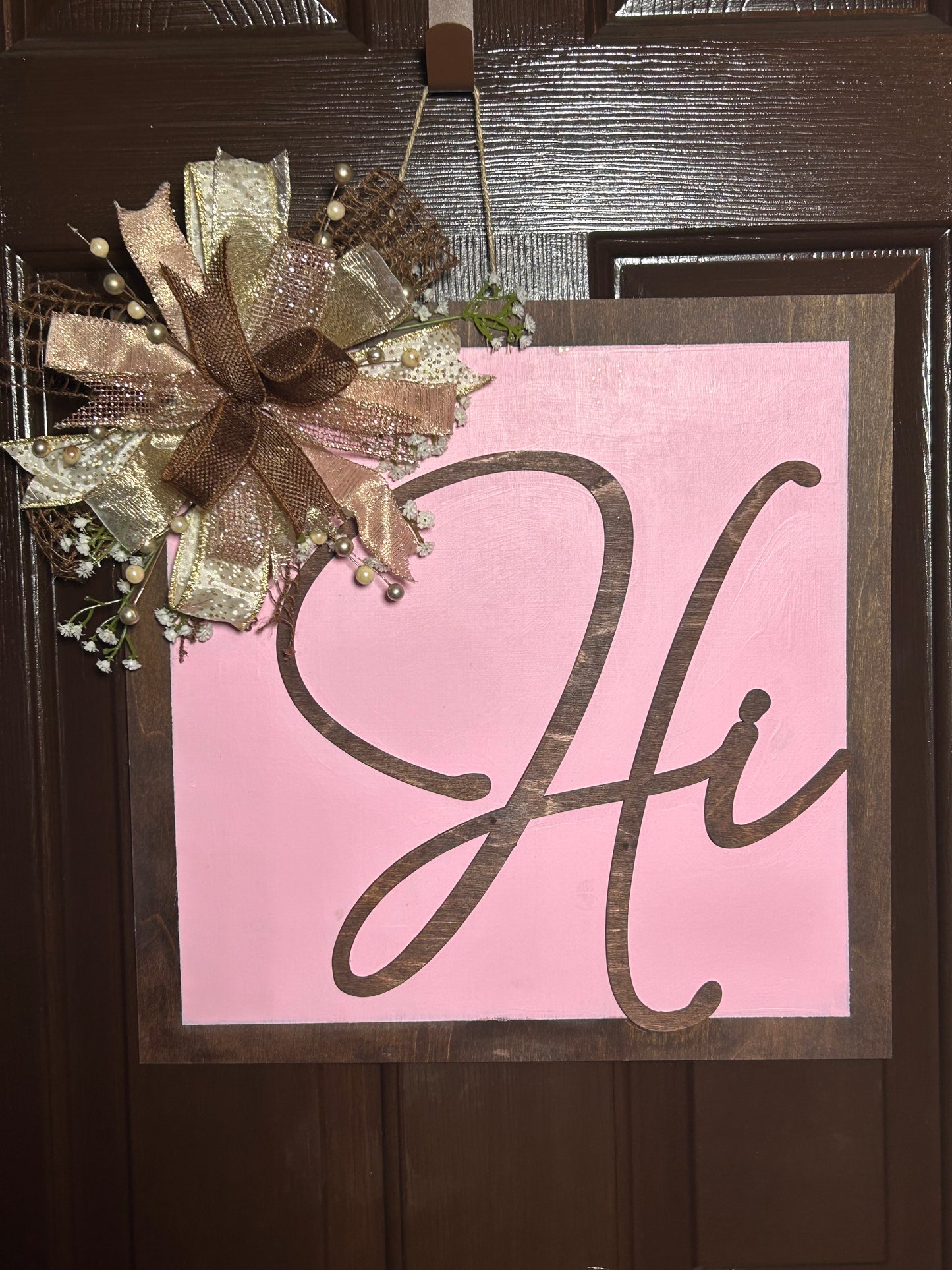 "Hi" Pink and Brown Square Door Hanger