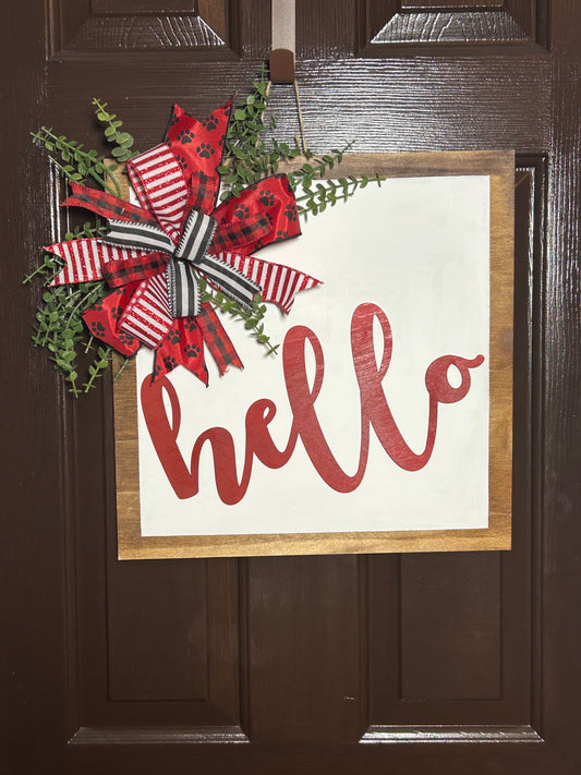 "Hello" Red and White Doggie Square Door Hanger