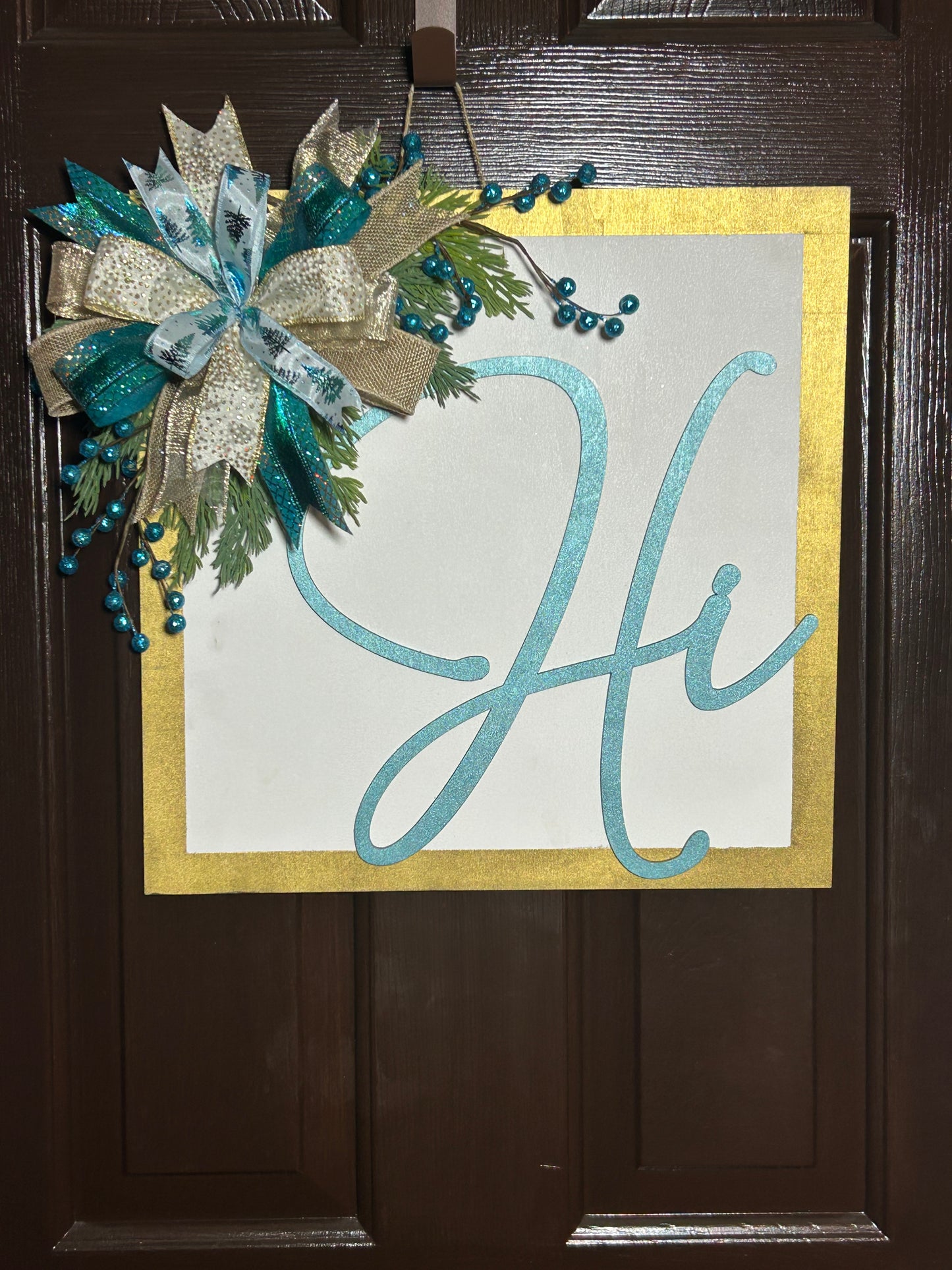 "Hi" Christmas Teal and Gold Square Door Hanger