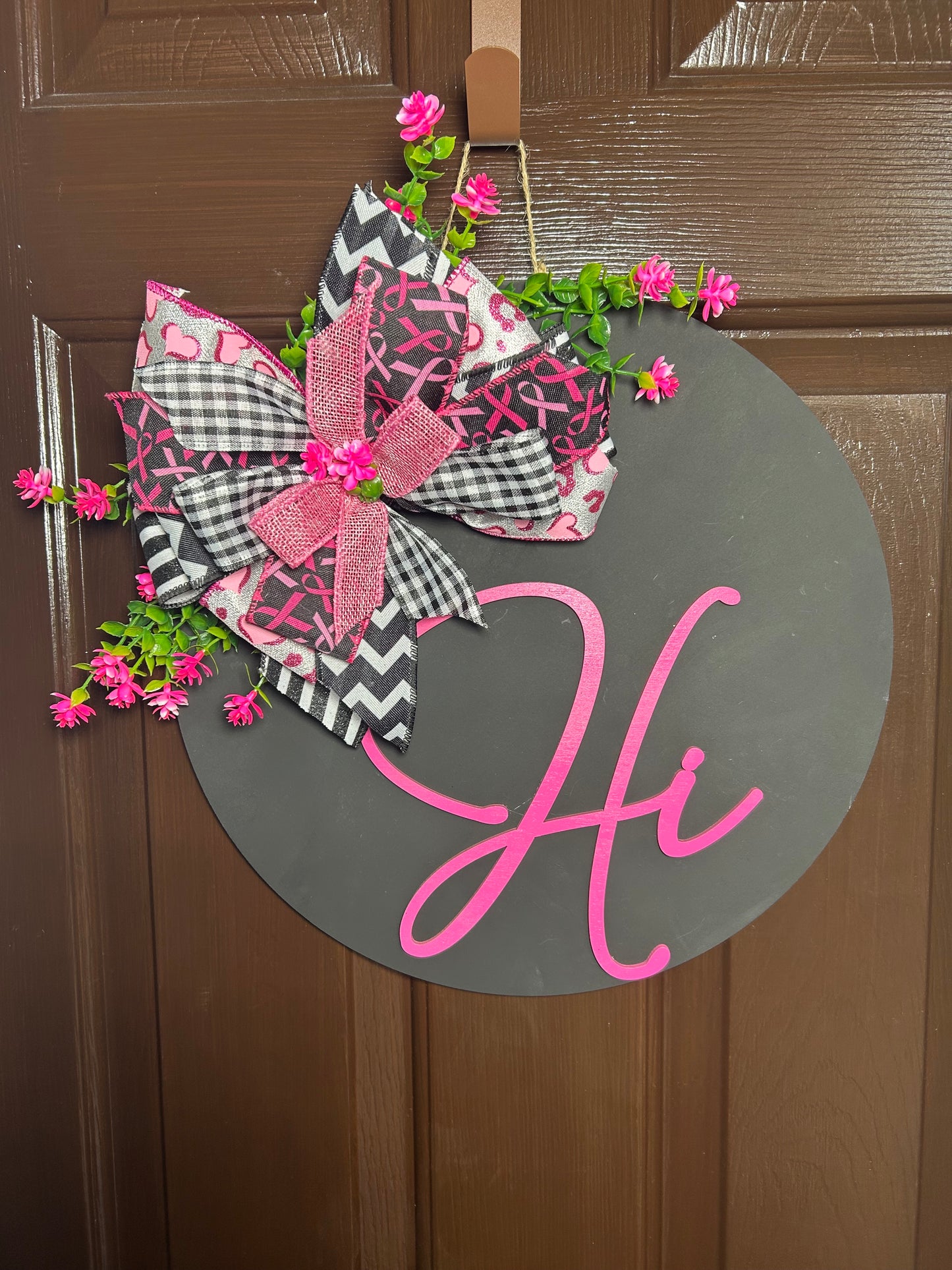 "Hi" Breast Cancer Awareness Black and Pink Door Hanger