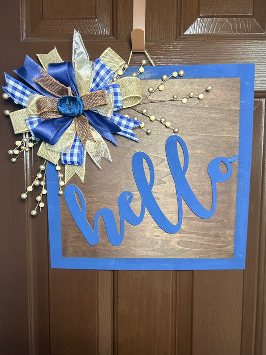 "Hello" Blue and Brown Square Door Hanger