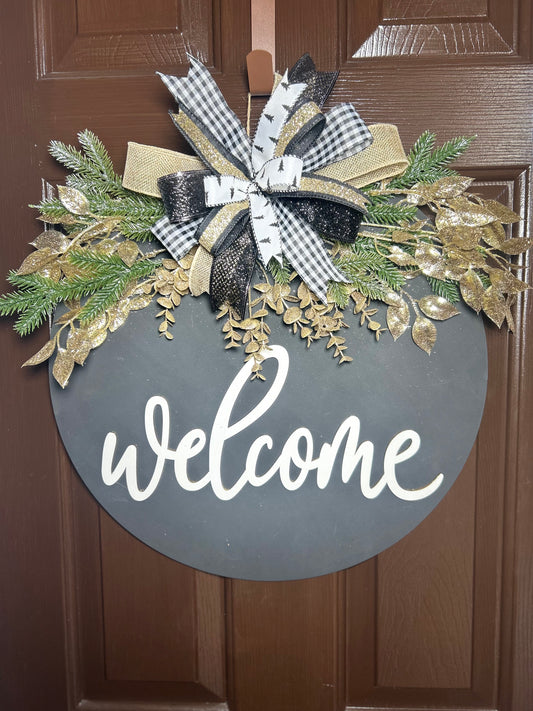 "Welcome" Black and Gold Door Hanger (Large - 18")