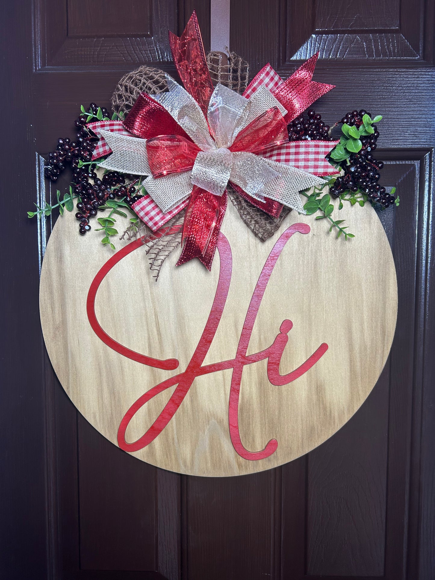 "Hi" Red and Pine Door Hanger (Large - 18")