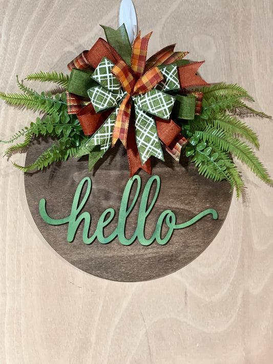 "Hello" Green Plaid Door Hanger