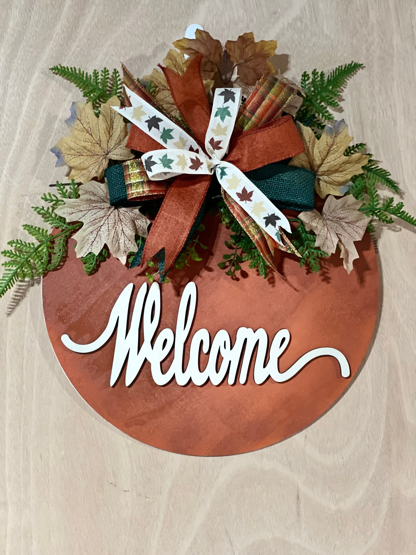 "Welcome" Rust Autumn Leaves Door Hanger