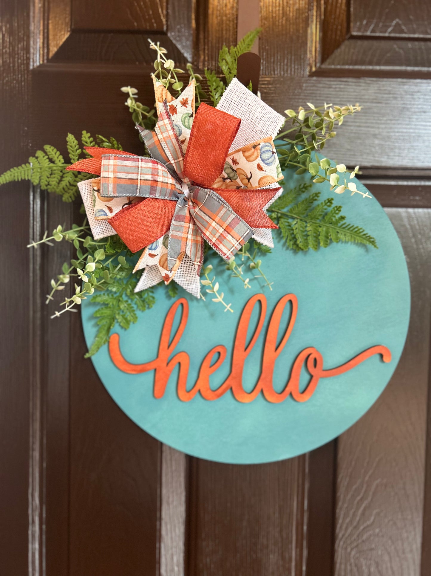 "Hello" Teal and Rust Door Hanger