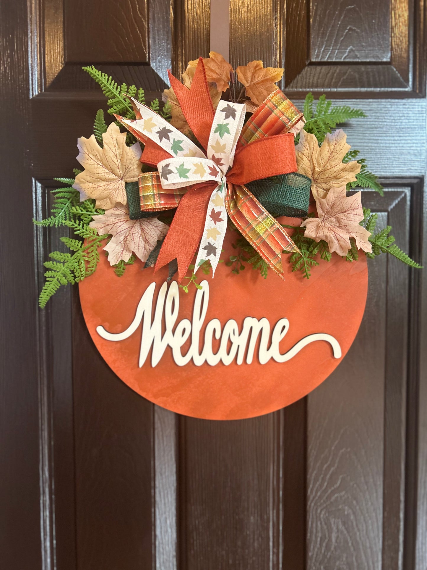 "Welcome" Rust Autumn Leaves Door Hanger