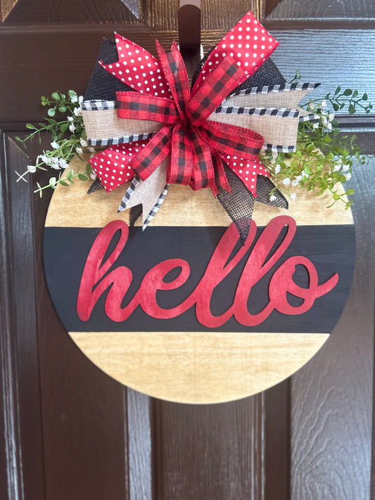 "Hello" Red and Black Door Hanger
