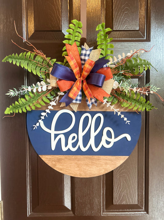 "Hello" Navy and Rust Door Hanger (Large - 18")