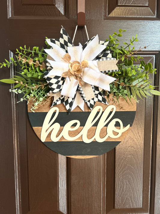 "Hello" Striped Black and White Door Hanger