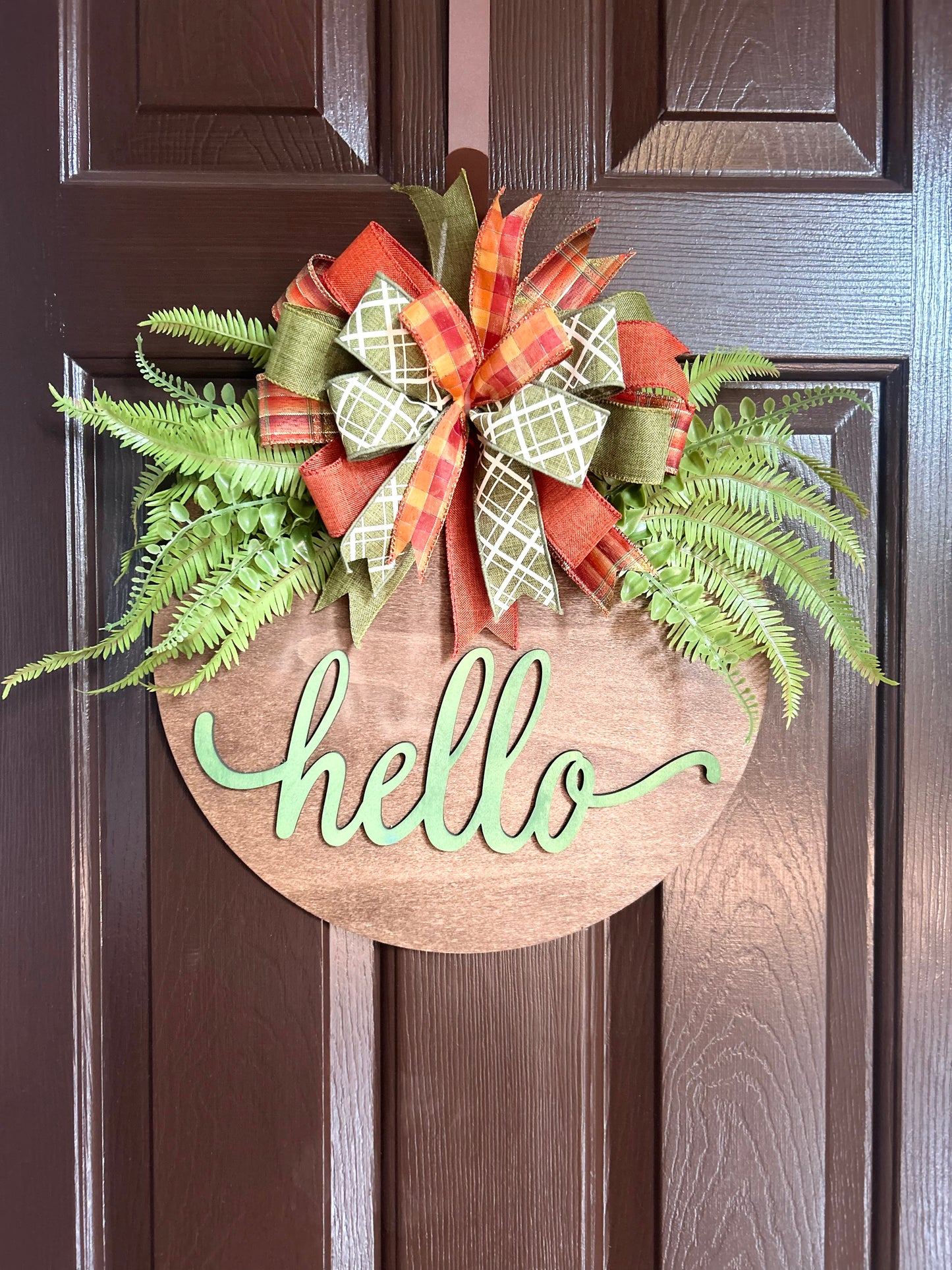 "Hello" Green Plaid Door Hanger
