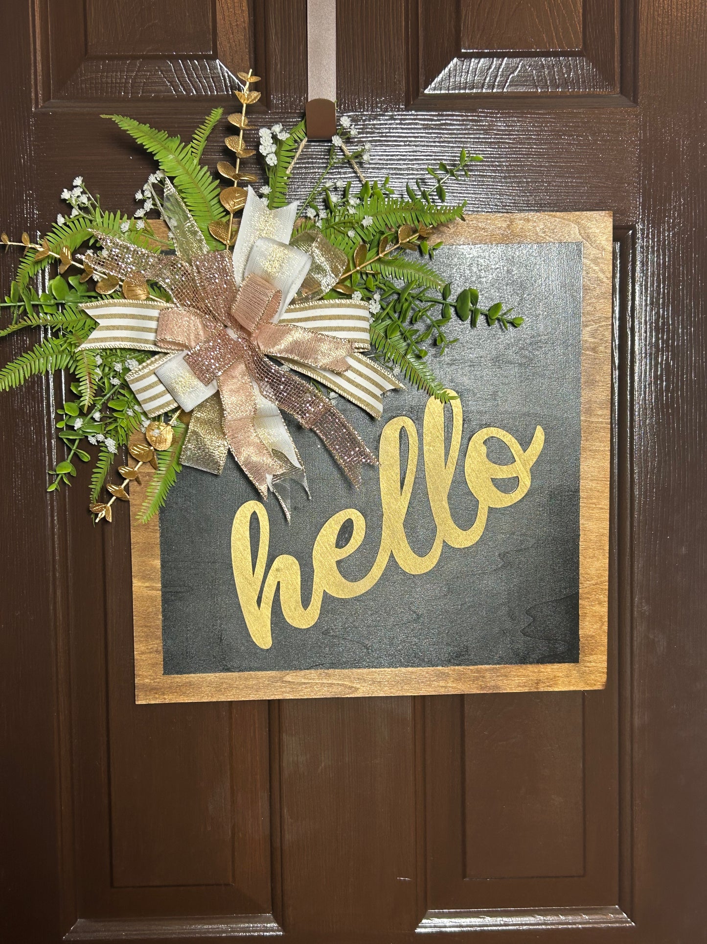 "Hello" Gold and Pink Square Door Hanger