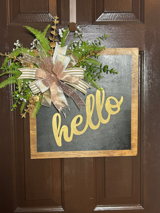 "Hello" Gold and Pink Square Door Hanger