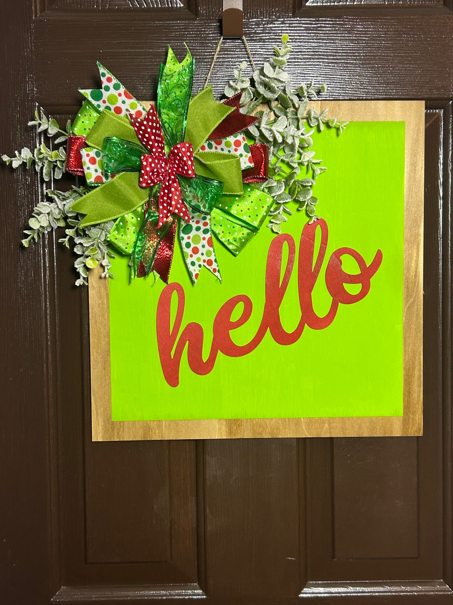 "Hello" Christmas Fluorescent Green Square Door Hanger