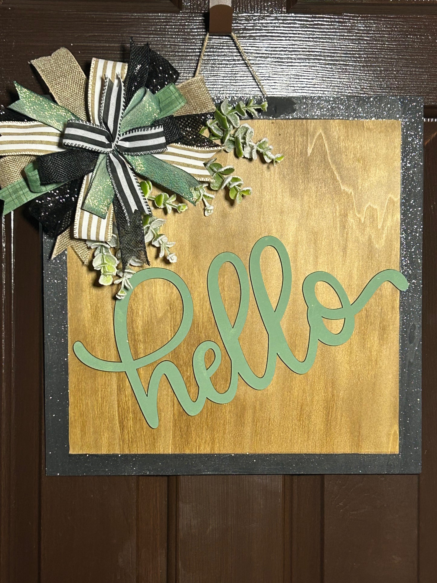 "Hello" Pine and Green Square Door Hanger