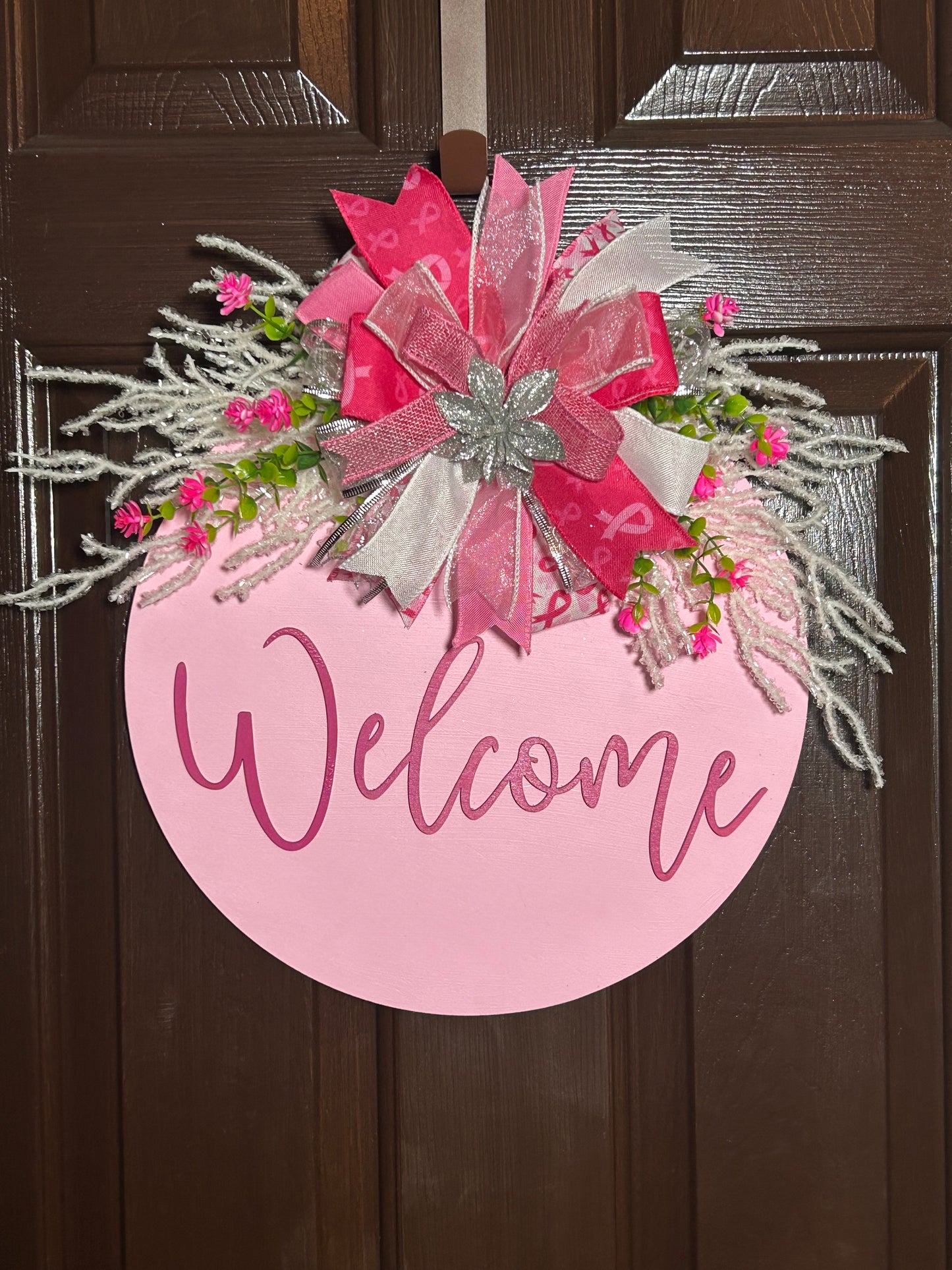 "Welcome" Breast Cancer Awareness Pink Door Hanger