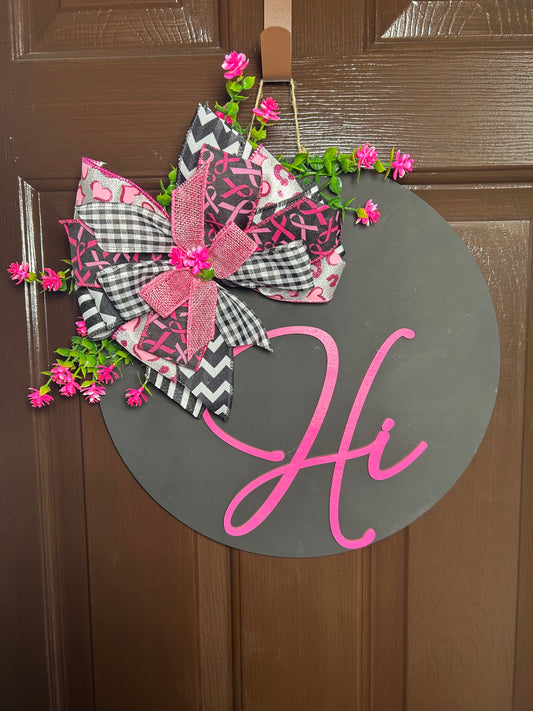 "Hi" Breast Cancer Awareness Black and Pink Door Hanger