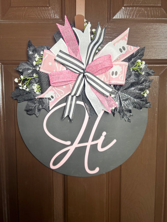 "Hi" Pink and Black Halloween Door Hanger