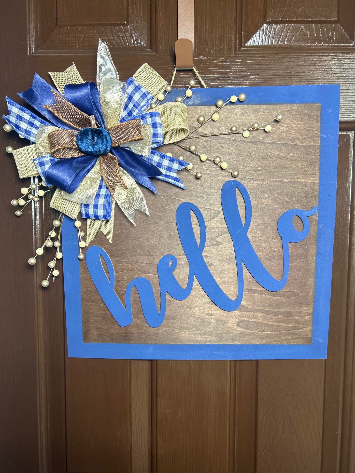 "Hello" Blue and Brown Square Door Hanger