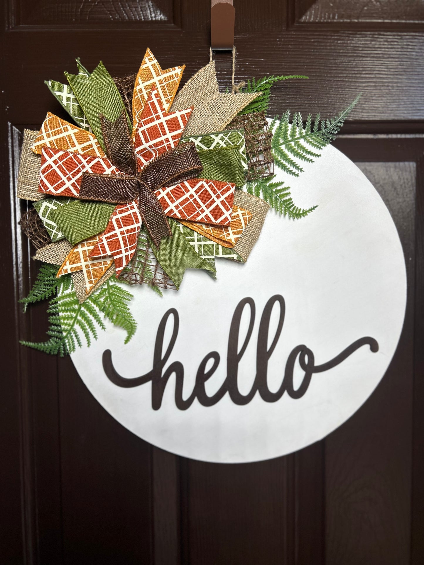 "Hello" White Brown Plaid Door Hanger