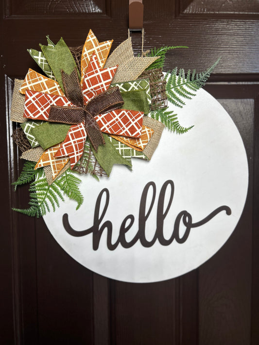 "Hello" White Brown Plaid Door Hanger