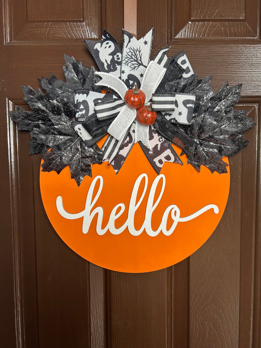 "Hello" Halloween Black and Orange Door Hanger
