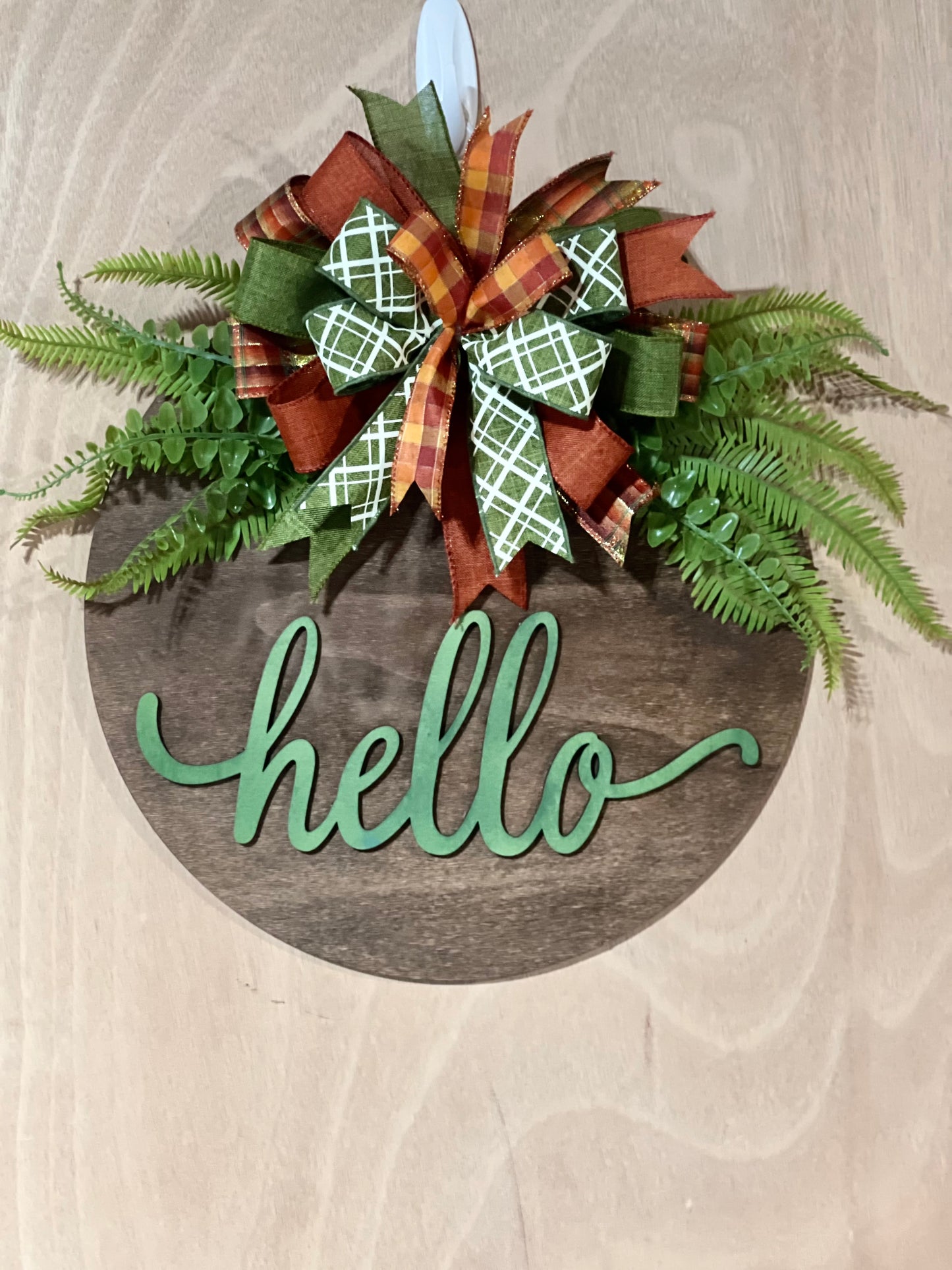 "Hello" Green Plaid Door Hanger