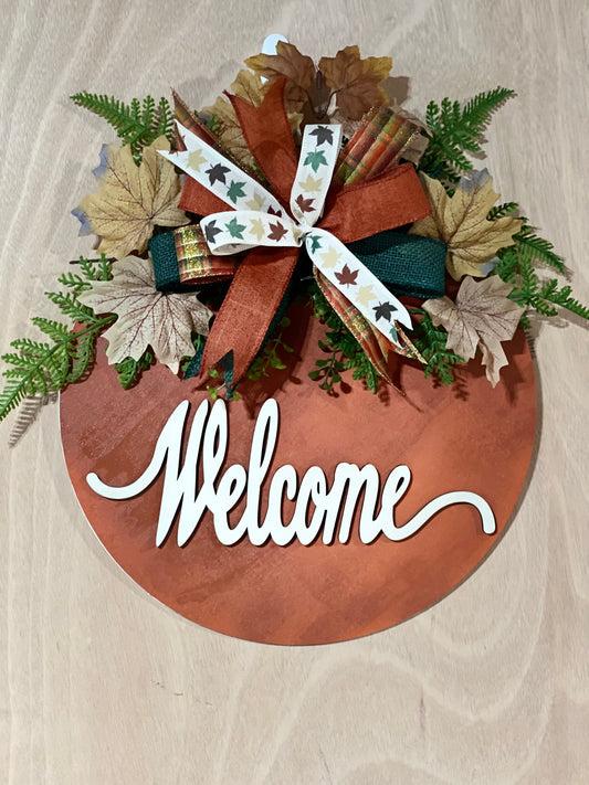 "Welcome" Rust Autumn Leaves Door Hanger