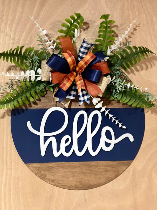 "Hello" Navy and Rust Door Hanger (Large - 18")